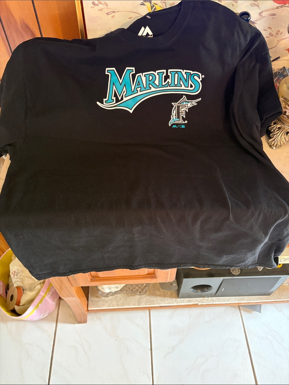 Majestic Marlins Logo Tee - Black with Teal & White Logo